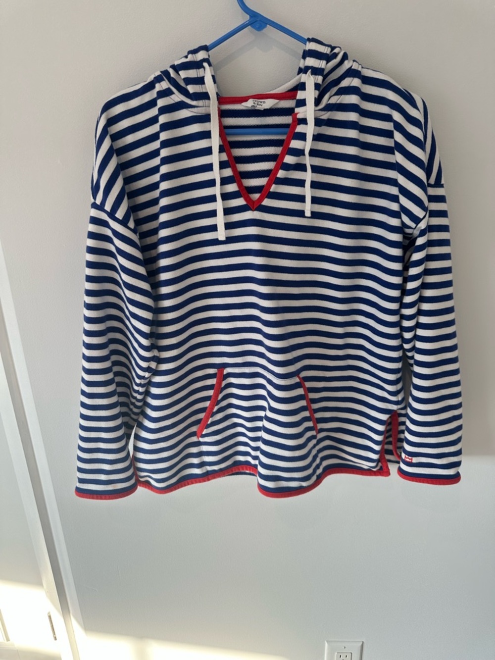 crown & ivy Navy and White Striped Hoodie with Red Trim
